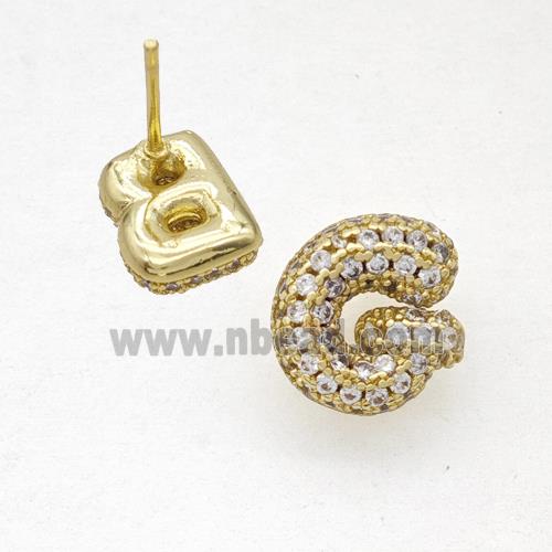 Copper Stud Earrings Pave Zirconia Letter-G Gold Plated