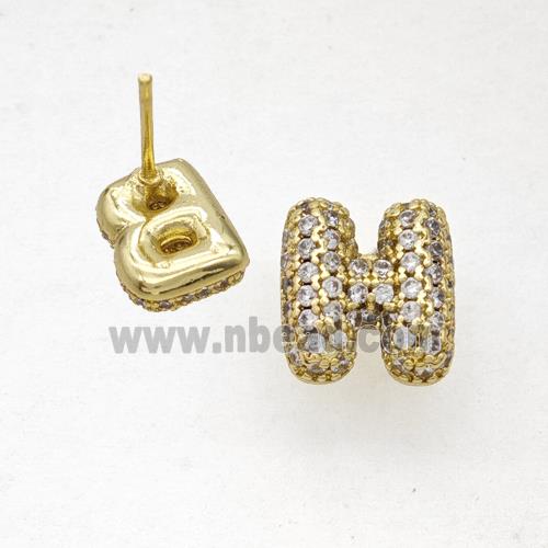 Copper Stud Earrings Pave Zirconia Letter-H Gold Plated