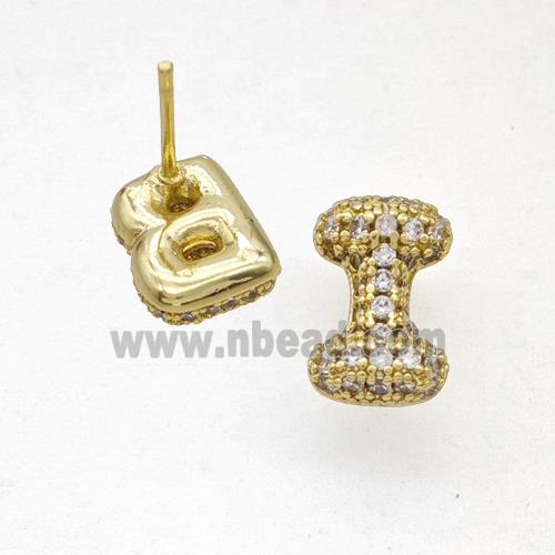 Copper Stud Earrings Pave Zirconia Letter-I Gold Plated