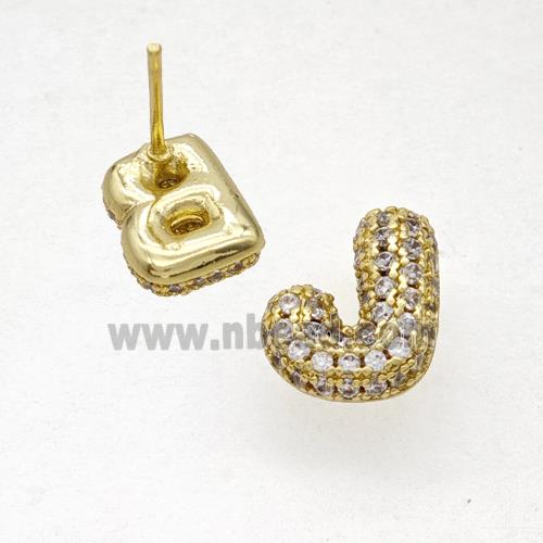 Copper Stud Earrings Pave Zirconia Letter-J Gold Plated