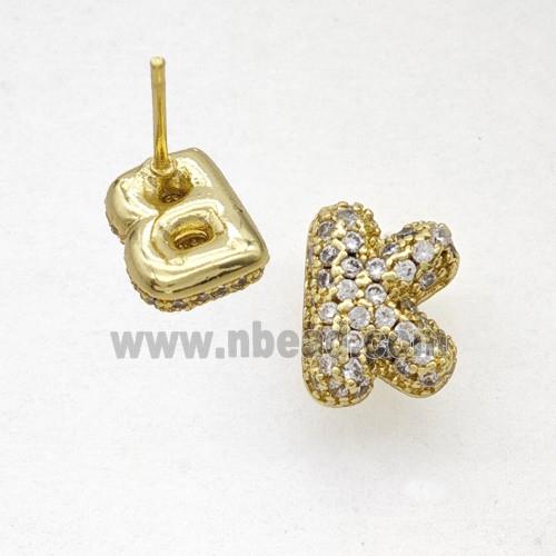 Copper Stud Earrings Pave Zirconia Letter-K Gold Plated