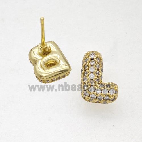 Copper Stud Earrings Pave Zirconia Letter-L Gold Plated