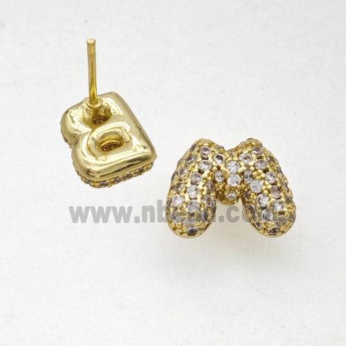 Copper Stud Earrings Pave Zirconia Letter-M Gold Plated