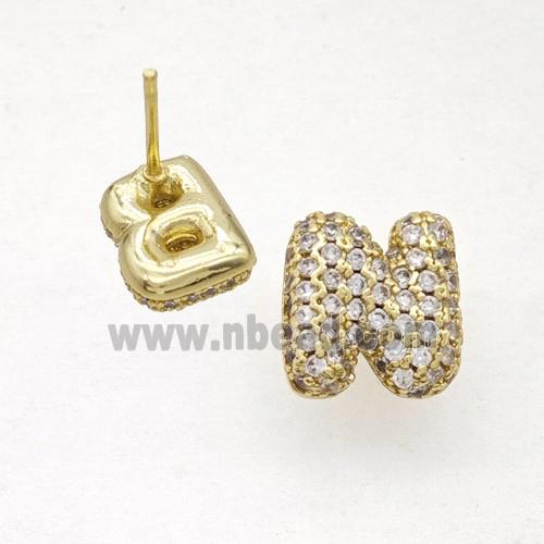 Copper Stud Earrings Pave Zirconia Letter-N Gold Plated