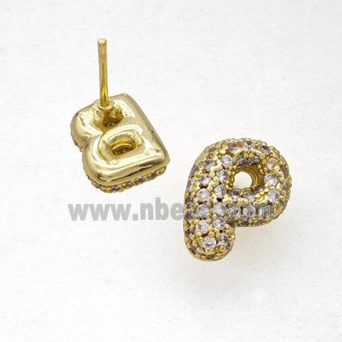 Copper Stud Earrings Pave Zirconia Letter-P Gold Plated