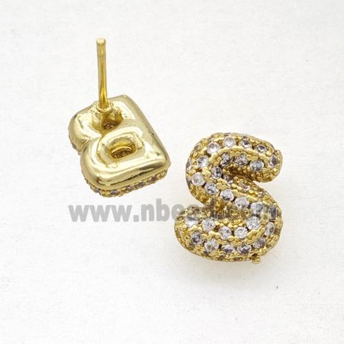 Copper Stud Earrings Pave Zirconia Letter-S Gold Plated