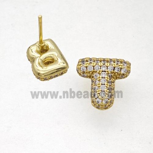 Copper Stud Earrings Pave Zirconia Letter-T Gold Plated