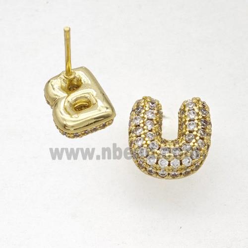 Copper Stud Earrings Pave Zirconia Letter-U Gold Plated