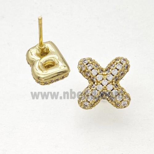 Copper Stud Earrings Pave Zirconia Letter-X Gold Plated