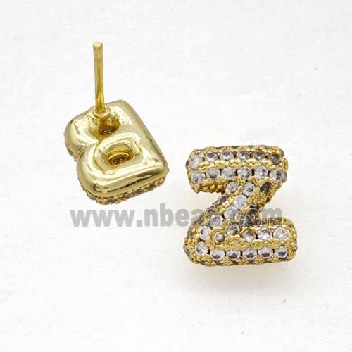 Copper Stud Earrings Pave Zirconia Letter-Z Gold Plated