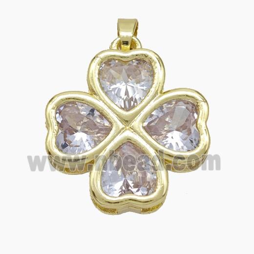 Copper Clover Pendant Pave Clear Crystal Glass Heart Gold Plated