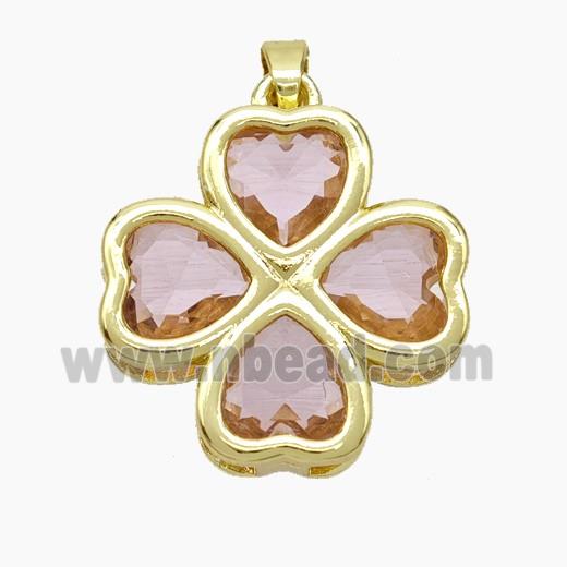 Copper Clover Pendant Pave Pink Crystal Glass Heart Gold Plated
