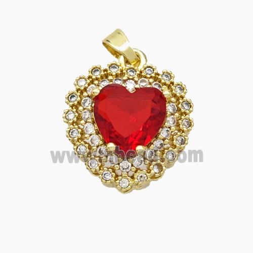 Copper Heart Pendant Micropave Zirconia Red Crystal Glass Gold Plated