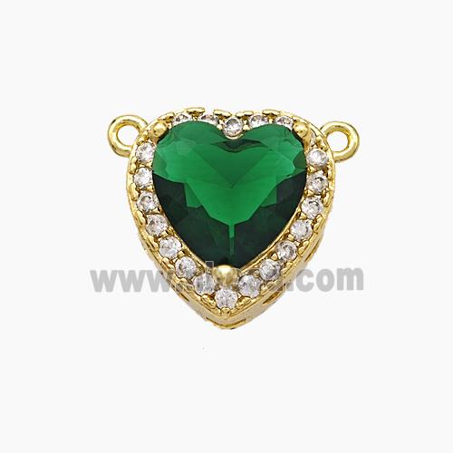 Copper Heart Pendant Micropave Zirconia Green Crystal Glass 2loops Gold Plated