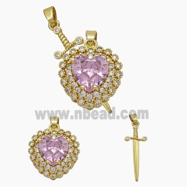 Copper Sword Heart Pendant Pave Zirconia Pink Crystal Glass Gold Plated