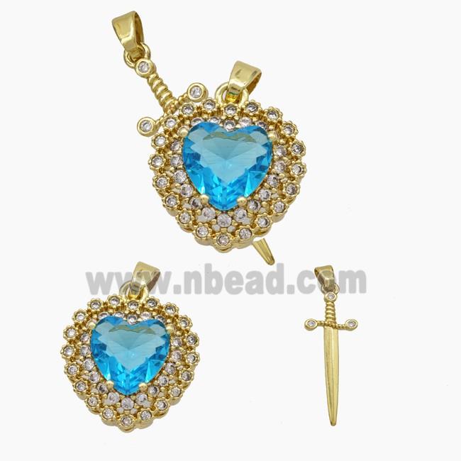 Copper Sword Heart Pendant Pave Zirconia Blue Crystal Glass Gold Plated