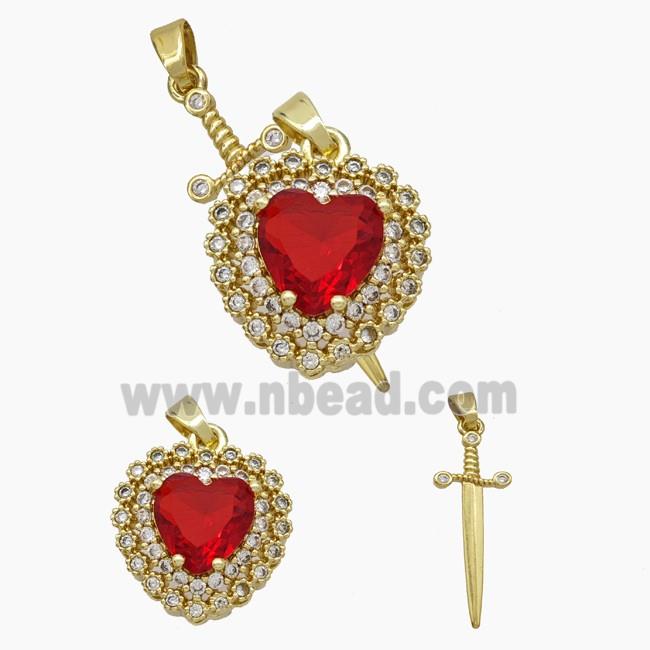 Copper Sword Heart Pendant Pave Zirconia Red Crystal Glass Gold Plated