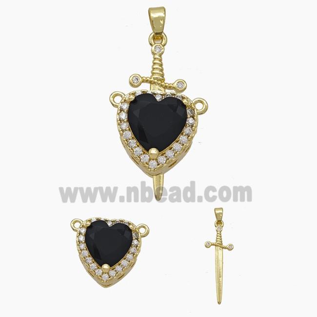 Copper Sword Heart Pendant Pave Zirconia Black Crystal Glass Gold Plated