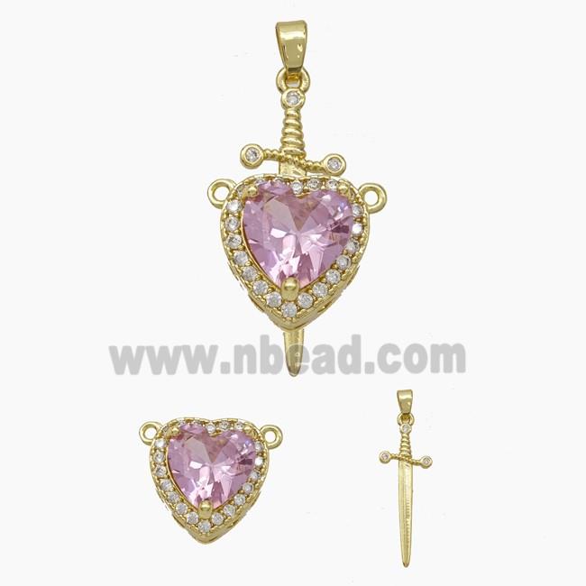 Copper Sword Heart Pendant Pave Zirconia Pink Crystal Glass Gold Plated