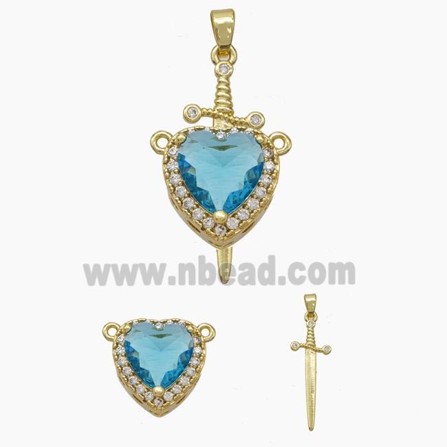 Copper Sword Heart Pendant Pave Zirconia Blue Crystal Glass Gold Plated