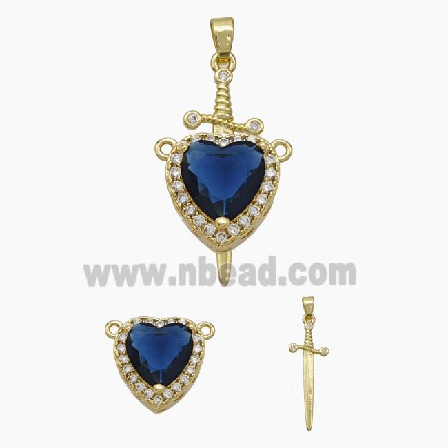 Copper Sword Heart Pendant Pave Zirconia Deepblue Crystal Glass Gold Plated