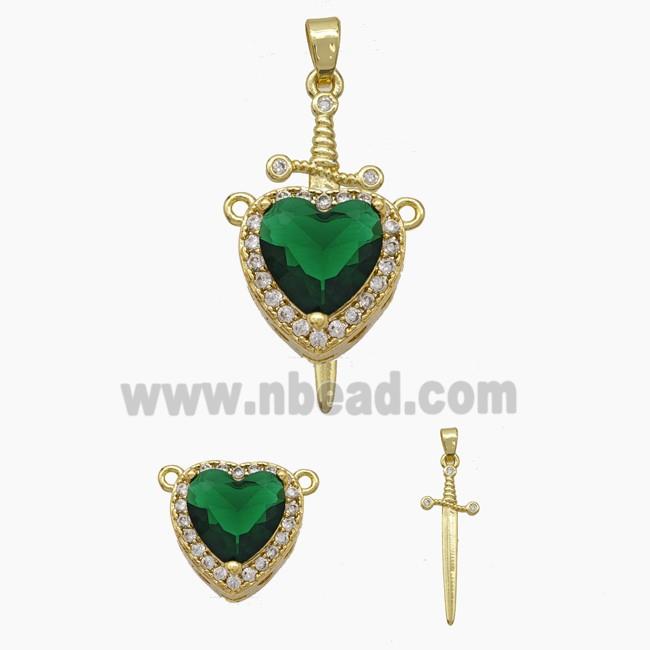 Copper Sword Heart Pendant Pave Zirconia Green Crystal Glass Gold Plated