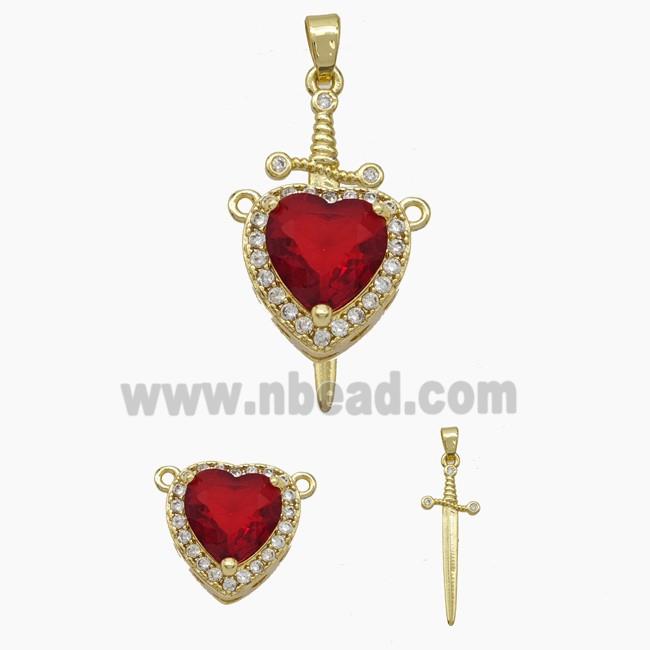 Copper Sword Heart Pendant Pave Zirconia Red Crystal Glass Gold Plated