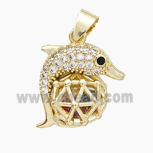 Copper Dolphin Pendant Pave Zirconia Hollow Gold Plated