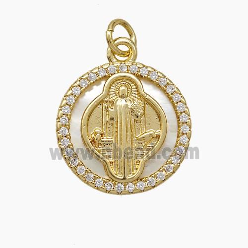 Copper Jesus Pendant Pave Zirconia Shell Circle 18K Gold Plated