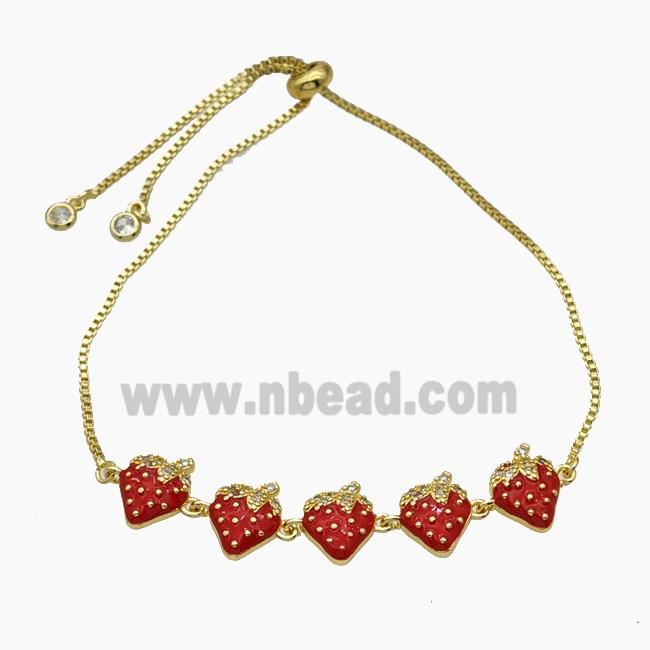 Copper Strawberry Bracelet Pave Zirconia Red Enamel Adjustable Gold Plated