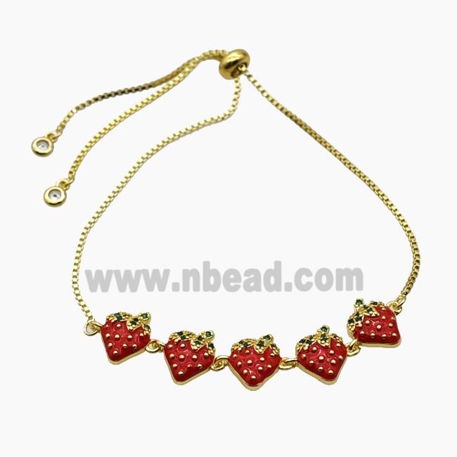 Copper Strawberry Bracelet Pave Zirconia Red Enamel Adjustable Gold Plated