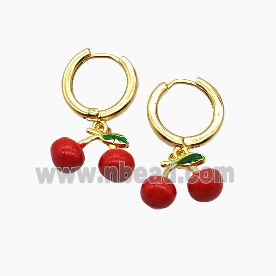 Copper Cherry Hoop Earrings Red Enamel Gold Plated