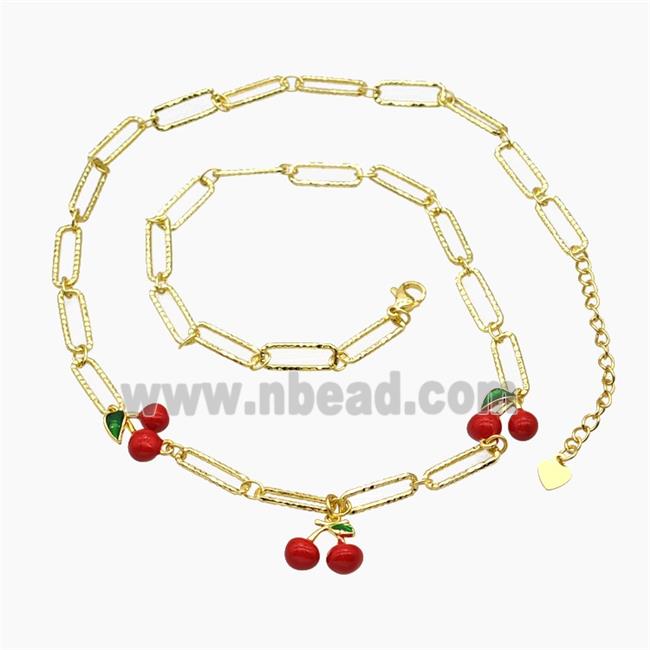 Copper Cherry Necklace Red Enamel Gold Plated