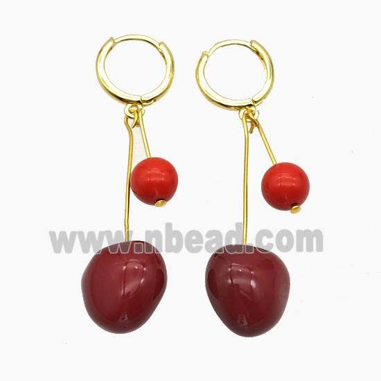 Copper Hoop Earrings Pave Red Pearlized Resin Gold Plated