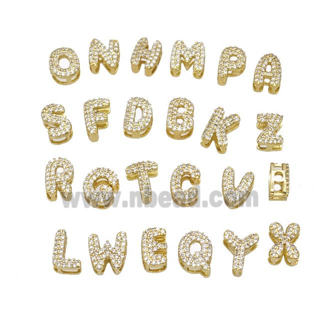 Copper Alphabet Beads Pave Zirconia Gold Plated Mixed Letters