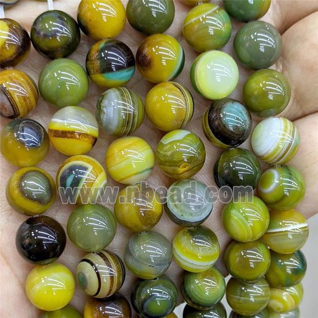 Natural Stripe Agate Beads Olive Dye Smooth Round