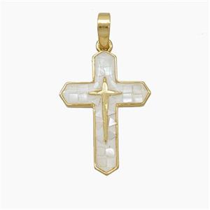 Copper Cross Pendant Pave Shell 18K Gold Plated, approx 16-22mm