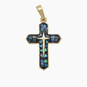 Copper Cross Pendant Pave Abalone Shell 18K Gold Plated, approx 16-22mm