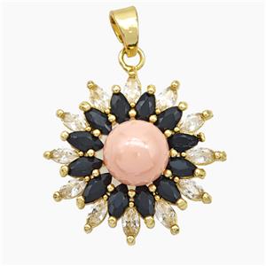 Copper Flower Pendant Pave Zirconia Pink Pearlized Resin Gold Plated, approx 10mm, 28mm dia