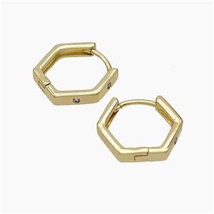 Copper Hexagon Hoop Earrings Micropave Zirconia Gold Plated, approx 15mm dia