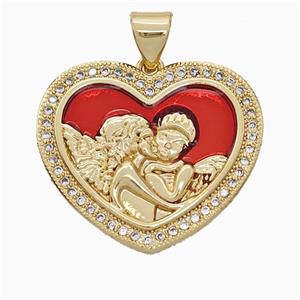 Copper Angel Heart Pendant Pave Zirconia Red Painted 18K Gold Plated, approx 18-22mm