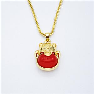 Copper Luckycat Necklace Pave Red Agate Gold Plated, approx 16-18mm, 2mm, 42-47cm length