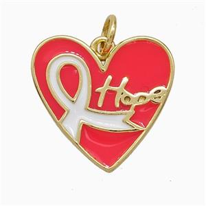 Copper Heart Pendant Red Enamel Hope Awareness Ribbons Gold Plated, approx 18mm
