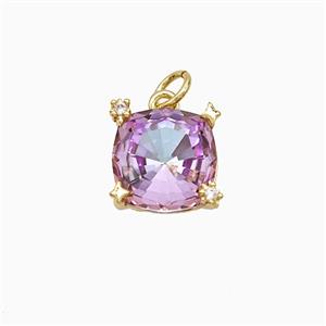 Fuchsia Crystal Glass Square Pendant Copper Gold Plated, approx 10mm
