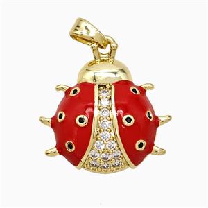 Copper Ladybug Pendant Pave Zirconia Red Enamel Gold Plated, approx 18-20mm