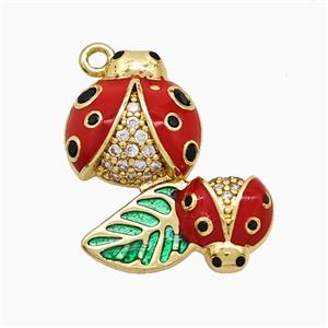 Copper Ladybug Pendant Pave Zirconia Red Enamel Gold Plated, approx 12-20mm