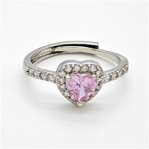 Copper Rings Pave Pink Crystal Glass Heart Adjustable Platinum Plated, approx 6mm, 10mm, 18mm dia