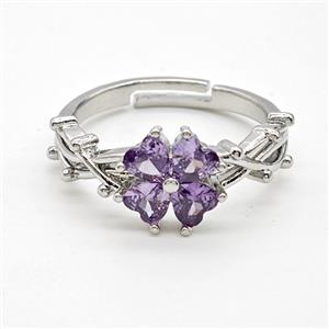 Copper Rings Pave Purple Crystal Glass Clover Adjustable Platinum Plated, approx 10mm, 18mm dia