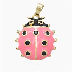 Copper Ladybug Pendant Pave Zirconia Pink Enamel Gold Plated, approx 18mm