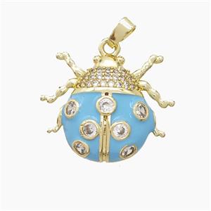 Copper Ladybug Pendant Pave Zirconia Blue Enamel Gold Plated, approx 20-22mm